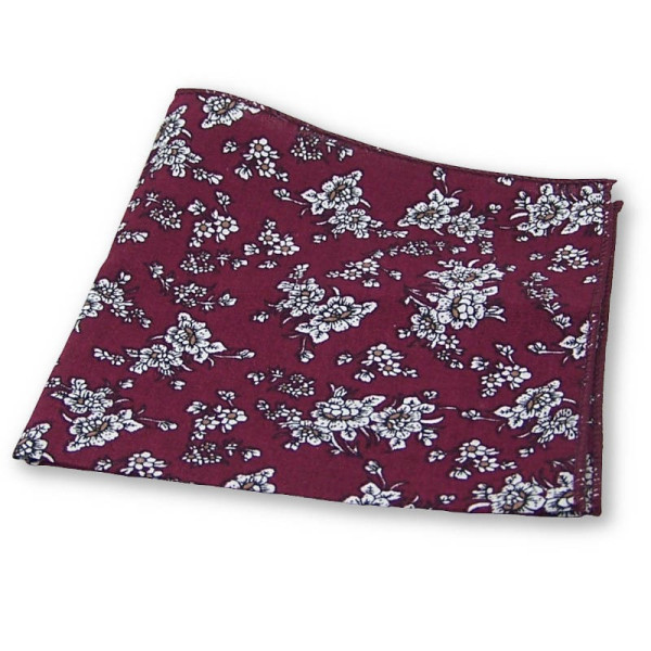 Pochette de costume élégante en tissu bordeaux avec imprimé floral blanc, finition cousue main