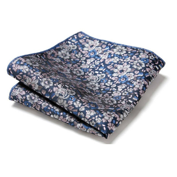 Pochette de costume cousue main avec motif floral japonais bleu et argenté