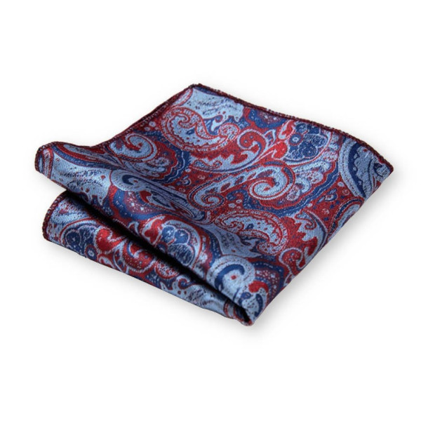 Pochette de costume cousue main avec motif cachemire en rouge et bleu