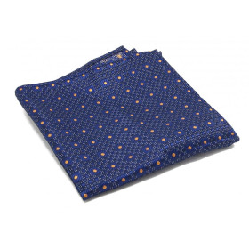 Pochette de costume en tissu bleu cousue main avec motifs à pois orange, élégante et raffinée