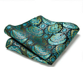 Pochette de costume homme cousue main aux motifs cachemire verts et turquoise élégants